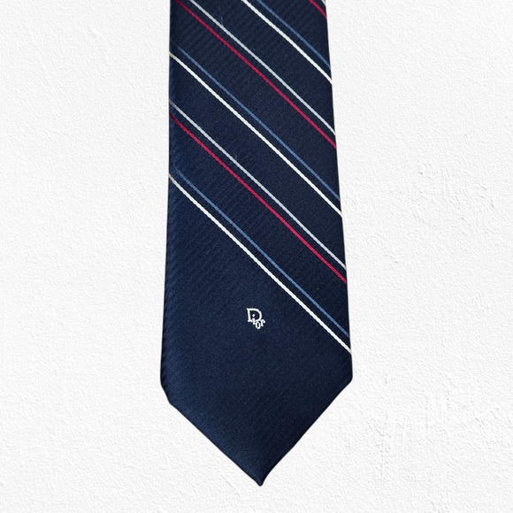 80s Vintage Christian Dior Navy Red Diagonal Striped Silk Blend 3 x 56 Neck Tie - Picture 1 of 10